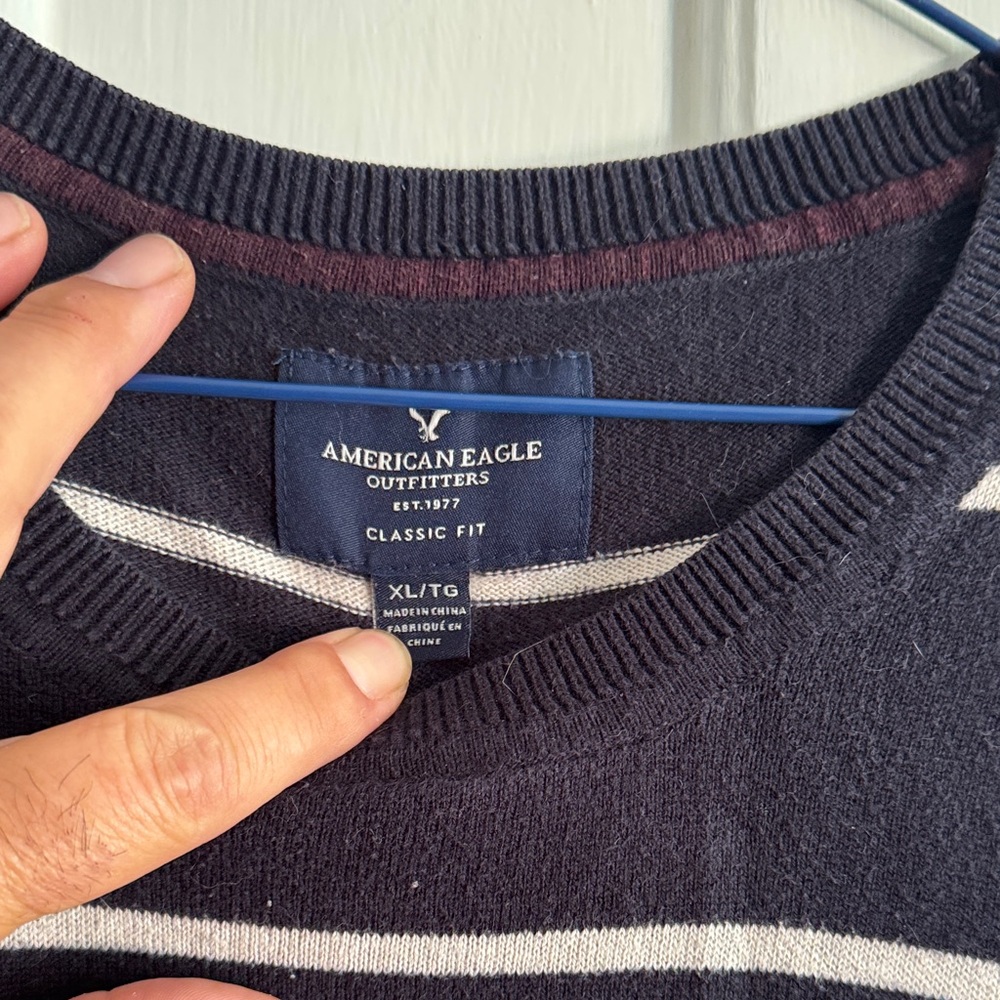 American Eagle Outfitters Men's Dark Blue and White Striped Crewneck Sweater